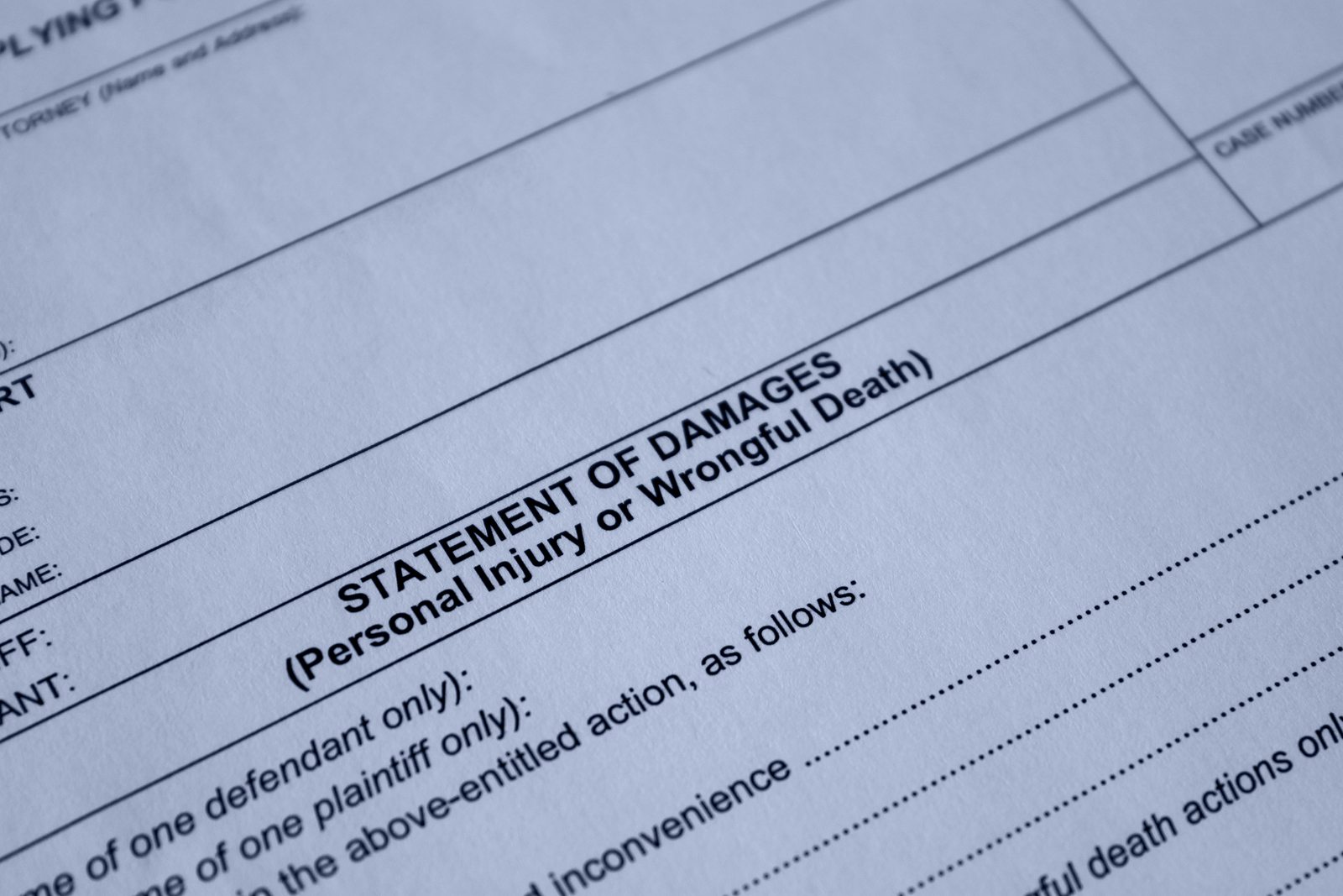 legal law concept - court legal form for filing statement of damages for personal injury wrongful death.