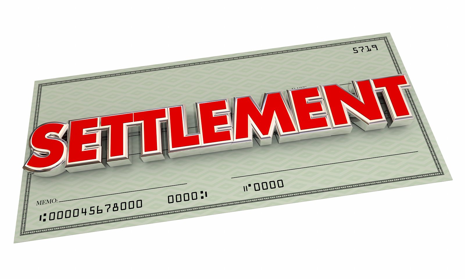 Settlement Check Agreement Payout Word 3d Illustration